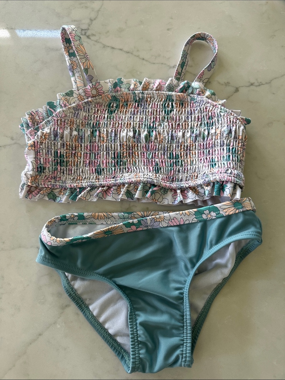 wonder nation Floral Smocked Tankini - Teal, Pink, Yellow